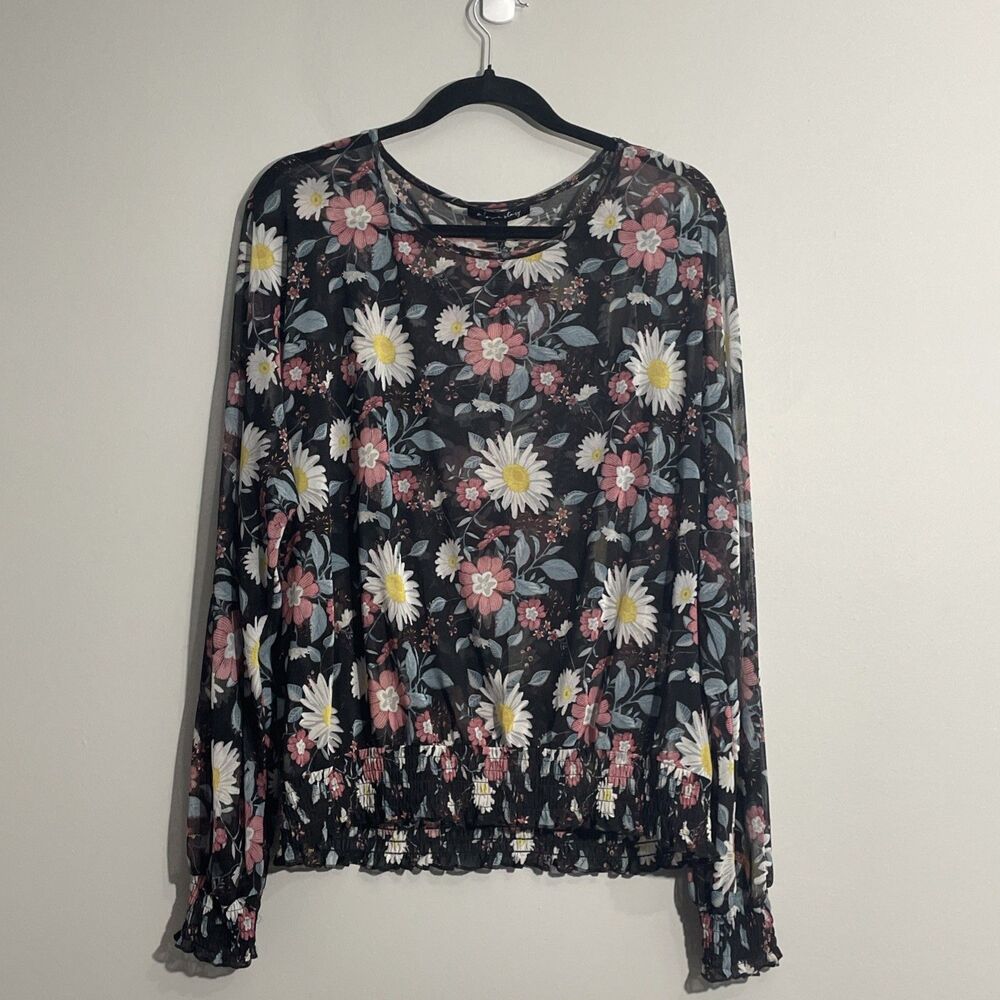 Black Floral Print Long Sleeve Sheer Blouse Elastic Waist XL